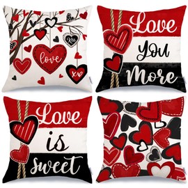 GEEORY Valentine's Day Throw Pillow Covers 18x18 Inch Set of 4, Valentines Red Black Hearts Love You More Decorative Farmhouse Holiday Cushion Case for Home Decoration G644-18