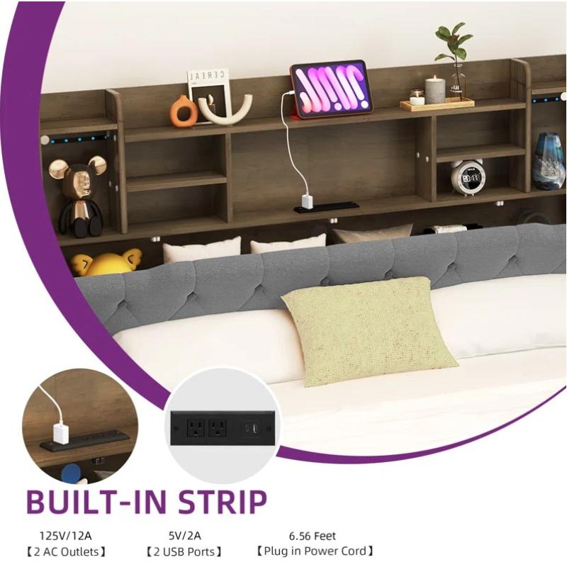 YITAHOME Upholstered Platform Bed with Headboard Storage and LED Lights