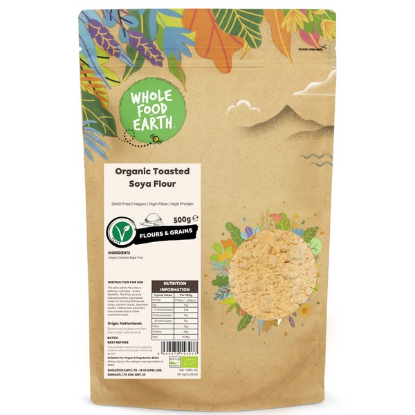 Wholefood Earth Organic Toasted Soya Flour – 500 g | GMO Free | Vegan | High Fibre | High Protein | Certified Organic