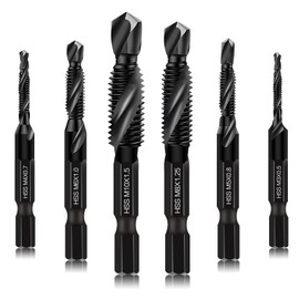 6 Packs Combination Drill & Taps Bit Set, Screw Tapping in SAE Size M3*0.5 M4*0.7 M5*0.8 M6*1.0 M8*1.25 M10*1.5 with Anti-Rust Black Coating, 6mm Hex Shank and Storage Case