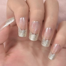 IKISKT Press On Nails - Shiny Glitter French Tips | Litter Yellow Gel Tip l UV Medium Square False Fake Nails, Reusable Glue | 10 Sizes - 24 Nail Kit