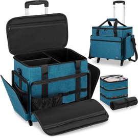 FREEAMG Extra Large Rolling Makeup Case with 4 Removable Pouches，Professional Make up Train Case with Wheels,Travel Cosmetic Bag for Hairstylists Nail Tech Makeup Artist with Detachable Trolley