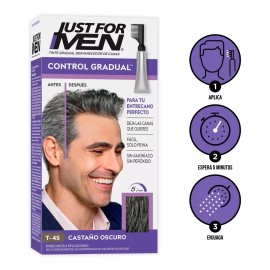 Just For Men Tinte Just For Men Control Gradual T-45, Castaño Oscuro, para un entrecano perfecto, Sin amoniaco, Sin peróxido, hasta para 3 aplicaciones, con un peine aplicador