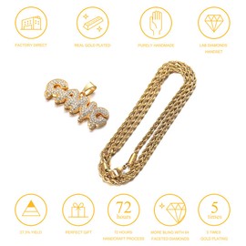 Halukakah Gold Chain with Bubble Letter Gang Iced Out,Diamond Necklace for Men 18k Real Gold Plated with Rope Chain 24" Free Giftbox