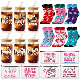 Tioncy 18 Pcs Nurse Appreciation Gifts Set for Women 16 oz Can Shaped Glass Cups with Lids and Straws Makeup Bags Socks for Nurses Week Graduation Gifts