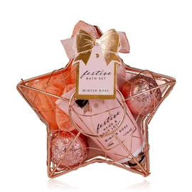 Accentra Shower Set Women Gift Set Festival in Star-Shaped Wire Basket Rose - 3-Piece Care Set with Hand & Body Lotion, Bath Fizzer and Mesh Sponge - Gift Set for Birthday & Christmas