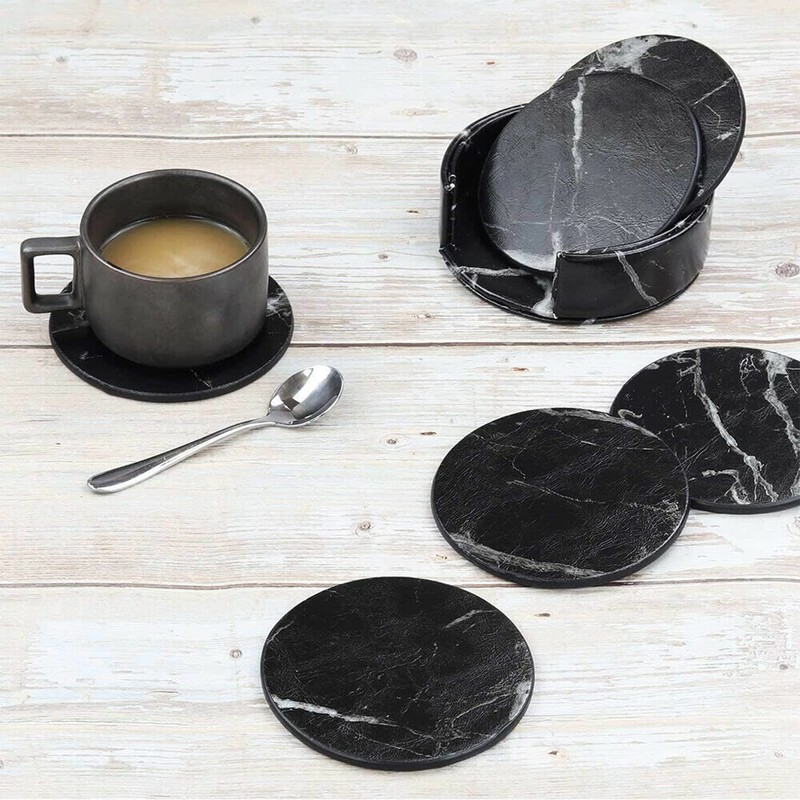 Coasters for Drinks 6 Piece with Holder Marble Texture Round