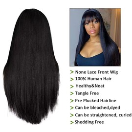Straight Wig with Bangs, Real Hair Wig, Human Hair Wigs with Bangs, Brazilian Wigs, Real Hair, Women's Glueless Brazilian None Lace Front Wig, 22 Inches (55 cm)