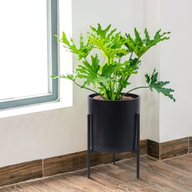 D'vine Dev Mid Century Fiberglass Resin Planter Pot with Iron Stand, 10 inch, Matte Black, 96-A-2-M