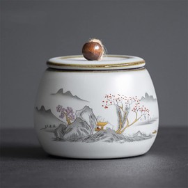 Bicuzat Chinese Style Ceramic Tea Caddy Tea Canister Tea Storage Container Tins Jar with Airtight Lid Wet-proof Tank for Tea, Coffee, Herb, Sugar, Spice, Nuts-Mountain-6 OZ