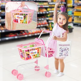 deAO Kids Shopping Cart Play Set,Pretend Food and Shop Accessories, 2 in 1 Kids Grocery Trolley with Front Doll Seat Carrier(Doll not Included)