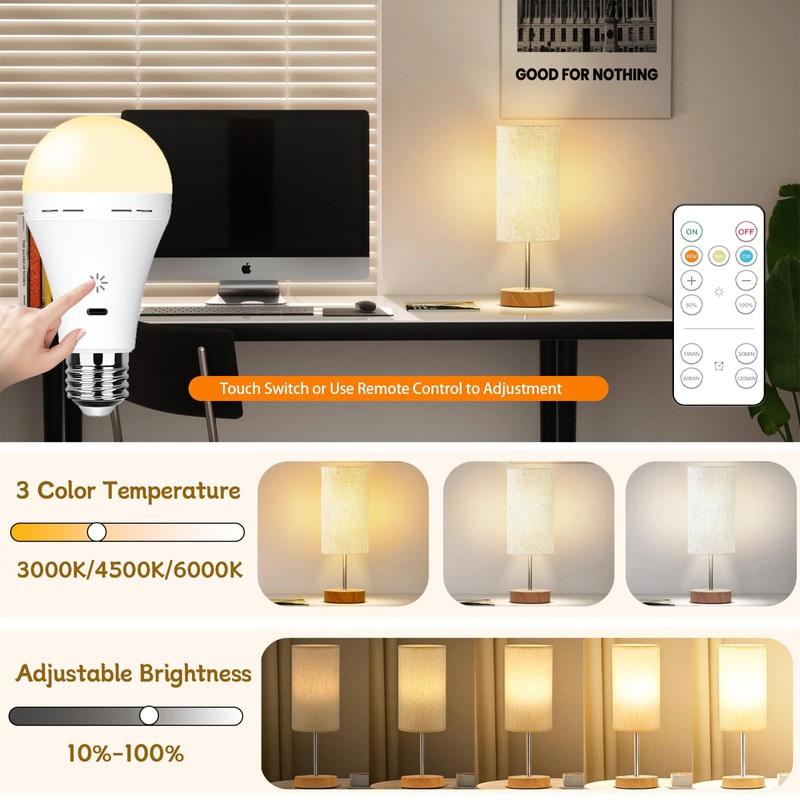 E26 Rechargeable Light Bulbs with Remote Control, 2600mAh Battery Operated