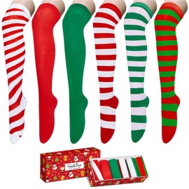 Christmas Knee High Socks - Thigh High Socks for Women Teen Girls, Striped Thigh High Socks, Red Green Elf Candy Cane Socks 6 Pack