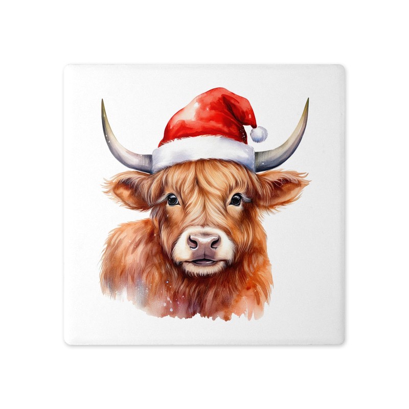 Festive Highland Cow Ceramic Coaster – 10cm x 10cm Handprinted