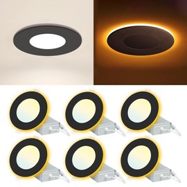 EOSMILE 6 Pack Black Recessed Lighting with 4 Inch Night Light, Canless Ultra Thin Wafer Downlight Pot Indoor Exterior Soffit Lighting, 2700K-5000K Selectable, 9W,120V, 750LM, Dimmable, ETL FCC