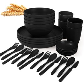 Wrova Wheat straw dinnerware set of 28 - Bowls and Plates Set for Dorm - Microwave and Dishwasher safe dish sets for kitchen,camping,indoors and out doors.Black