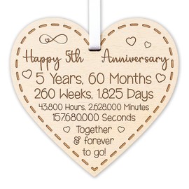 Happy 5th Anniversary Gift for Couples 5th Wedding Anniversary Gifts for Him Her Wedding Present for Husband 5 Years Celebration Keepsake Wooden Heart Plaque for Wife Spouse Partner
