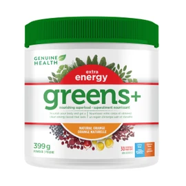 Genuine Health Genuine Health Greens+ Extra Energy Superfood Powder, 30 Servings, Natural Food Supplement with Spirulina and Wheat Grass, Orange Flavour, 399g