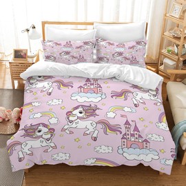 Hoimlm Unicorn Bed Linen, Children's Bedding Set with Duvet Cover and 2 Pillowcases, Cartoon Unicorn Microfibre Soft Girls Bedding with Zip (135 x 200 cm, Style H)
