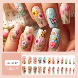 Spring Flower Press on Nails Long Square Fake Nails Cute Glue on Nails Flowers Butterfly Nails Press ons Glossy Colorful False Nails Full Cover Acrylic Nails Reusable Artificial Nails DIY Manicure