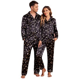 Ekouaer Matching Silk Pajamas for Couples Adults Christmas Pjs Satin Shirt with Long Pants Winter Sleepwear with Pockets (Black With Snowflakes,XL)