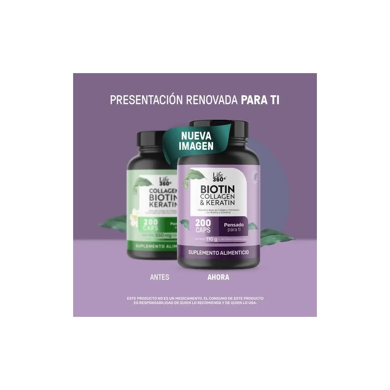 Biotina y Queratina Life 360+ Colageno Hidrolizado 200 cápsulas