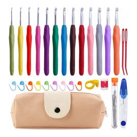 Ganchillos para Crochet, 37pcs Crochet Kit, Agujas Ganchillos Ergonómico con Tijeras, Juego de Ganchos para Tejer Crochet con Suave Antideslizante Mangos de Goma, Crochet Hooks Tejido, Regalo de Novatos y Profesionales para Fiesta, Cumpleaños, Mujer, Mad