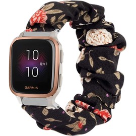 Compatible with Garmin Venu Sq Bands, YOUkei Fabric Elastic Scrunchie Elastic Watch Band Women Cute Replacement Straps Compatible with Garmin Venu Sq Smartwatch (Black Flower)