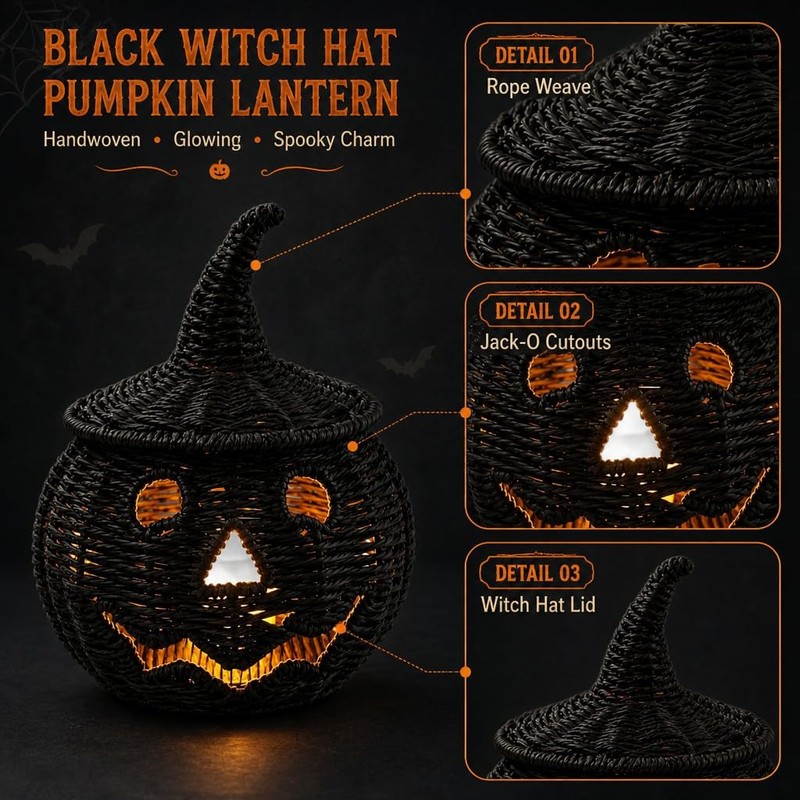 Black Handwoven Seagrass Pumpkin Jack-O-Lantern for Spooky Halloween Candy Storage,
