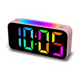 Lancoon Color Digital Clock with Snooze Function RGB Large Display 8 Color Options12/24 Hour Format Simple Digital Alarm Clock for Bedroom Adjustable Volume Brightness Control Plug in Pink