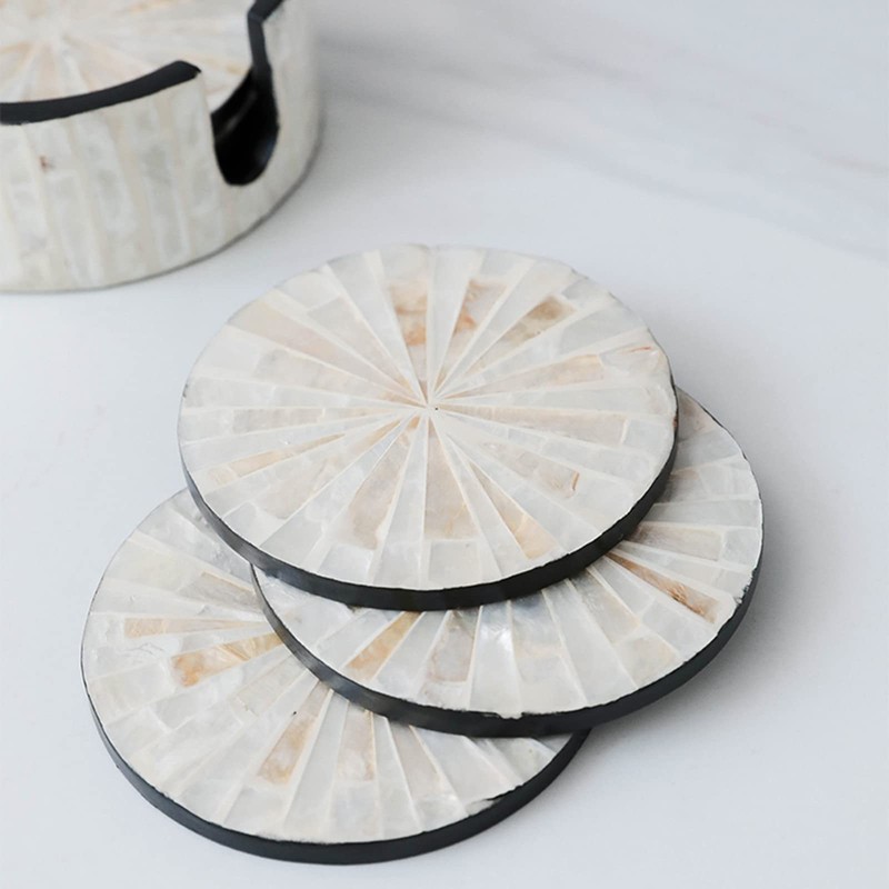 I-lan 6Packs Mother of Pearl Coasters with Holder, Shiny Cream