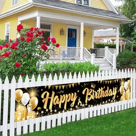 Birthday Banner, Black Gold Happy Birthday Long Banner, Fabric Birthday Decoration for Women, Girls, Men, Boy, Happy Birthday Prom Decorations Banner Backdrop, Teenager Birthday Decorations