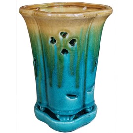 Fowargif Ceramic Orchid Pot, Round Green Planter with Saucer, 5.7x5.7x8.5 inches, Blue