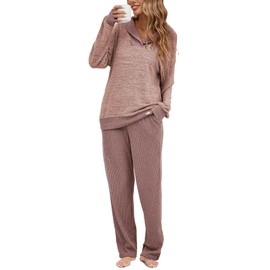 Famulily Two Piece Sets for Women Airport Outfit Ribbed Shawl Collar Top and Long Pants Loungewear Pink S