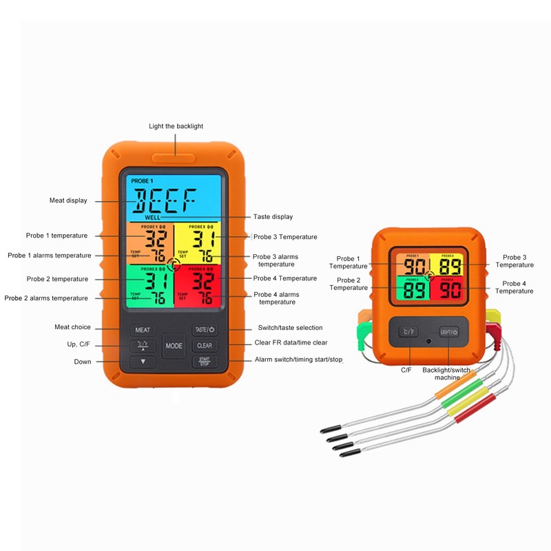 Meat Temperature Probe Smart Wireless LCD Display 4 Probes Grill