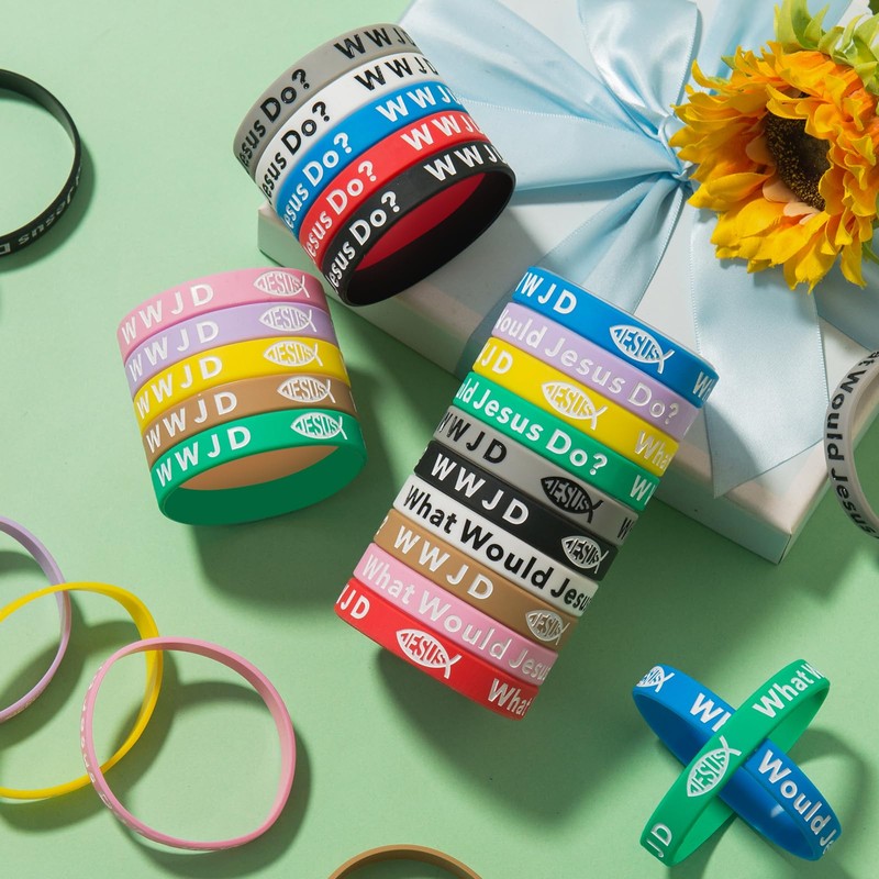 SlocciPro 60 Pcs WWJD Silicone Wristbands Jesus Fish Symbol Scripture