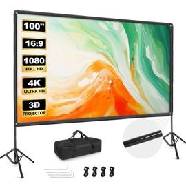 Projector Screen with Stand, 100 inch Portable Projector Screen Stand with Elastic Rope Bar, Outdoor Indoor 16:9 4K HD Wrinkle-Free Front Rear Projection Screen with Carry Bag for Home Theater Party