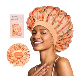 Vettres Floral Satin Bonnet For Sleeping Women Double Layer Pleated Design Adjustable Shower Cap For Curly Hair Orange