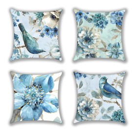 Blue Birds Throw Pillow Covers 18x18, Outdoor Flowers Cushion Covers, Garden Floral Cushion Case, Farmhouse Pillow Case for Holiday Home Seasonal Summer Decor, 4 Pack