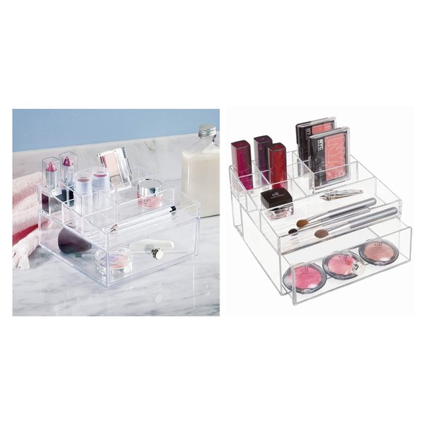 InterDesign Drawers Caja con compartimentos | Caja de maquillaje con 1 cajón y 11 compartimentos | Organizador de maquillaje o artículos de oficina | Plástico transparente
