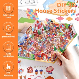 16 Sets of Sticker Scene, DIY 3D House Stickers with Tweezers, Miniature House Stickers, Creative DIY 3D House Stickers, Fun DIY Stickers Scene 3D Sticker Scene for Adults Children (C)