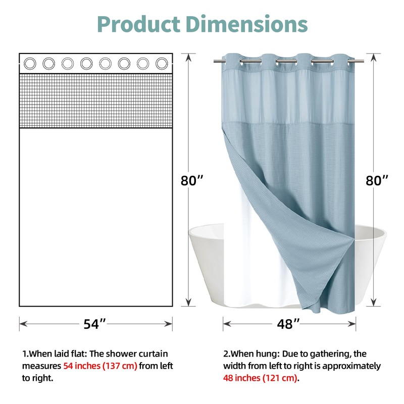 eachope Teal No Hook Waffle Weave Shower Curtain with snap-in