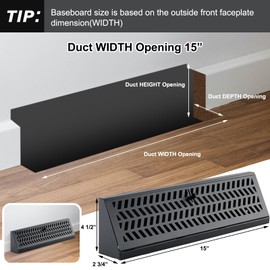 Blulu 2 Pack 15 Inch Baseboard Register Vent Duct Opening Size Baseboard Vent Covers Heavy Duty Steel Register Diffuser with Air Adjust Lever for Home Floor Wall Corner Supply, Easy to Install(Black)