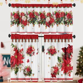SUNWISHA Christmas Poinsettia Curtain Valances Set Upper Curtain 52'' Lx18'' W & Lower Curtain 36'' L X 26'' W X2 Kitchen Windows Decor 3 Piece Set Red