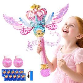 Uregoio Princess Bubble Wands Machine for Kids with Rotating Design, Outdoor Bubble Maker Toys for Kids Ages 4-8, Rechargeable Light Up & Music Fairy Wands, Party Birthday for 3+ Year Old Girls(Pink)