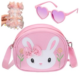 SIMDAO 10 Pcs Little Girls Handbag Set Adorable Rabbit Crossbody Bag with Heart-Shaped Sunglasses and 8 Bow Hair Clips, Kids Shoulder Bag Perfect for Kids' Birthday Gifts and Toys (Pink)