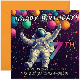 Astronaut Birthday Cards for 7th Birthday - Cards for Boys and Girls - Out Of This World - Fun Outer Space Card for Nephew Grandson Son Niece - Bday Greeting for Family