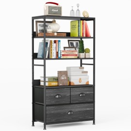 6 Tier Bookshelf, 47-Inch Small Bookcase with 3 Fabric Storage Drawers, Wood and Metal Book Shelf Storage Organizer, Industrial Display Standing Shelf Unit for Bedroom, Living Room, Black