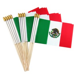 Newperlite Mexico Stick Flag Mexican Small Mini Hand Held Flags - Solid Wooden Pole and Spear Top,12 Pack, 5x8 Inches