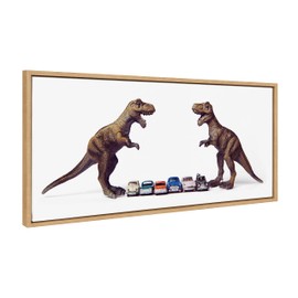 Kate and Laurel Sylvie Dino Cars Faceoff Framed Canvas Wall Art by Saint and Sailor Studios, 18x40 Natural, Modern Colorful Car Toys Art for Wall